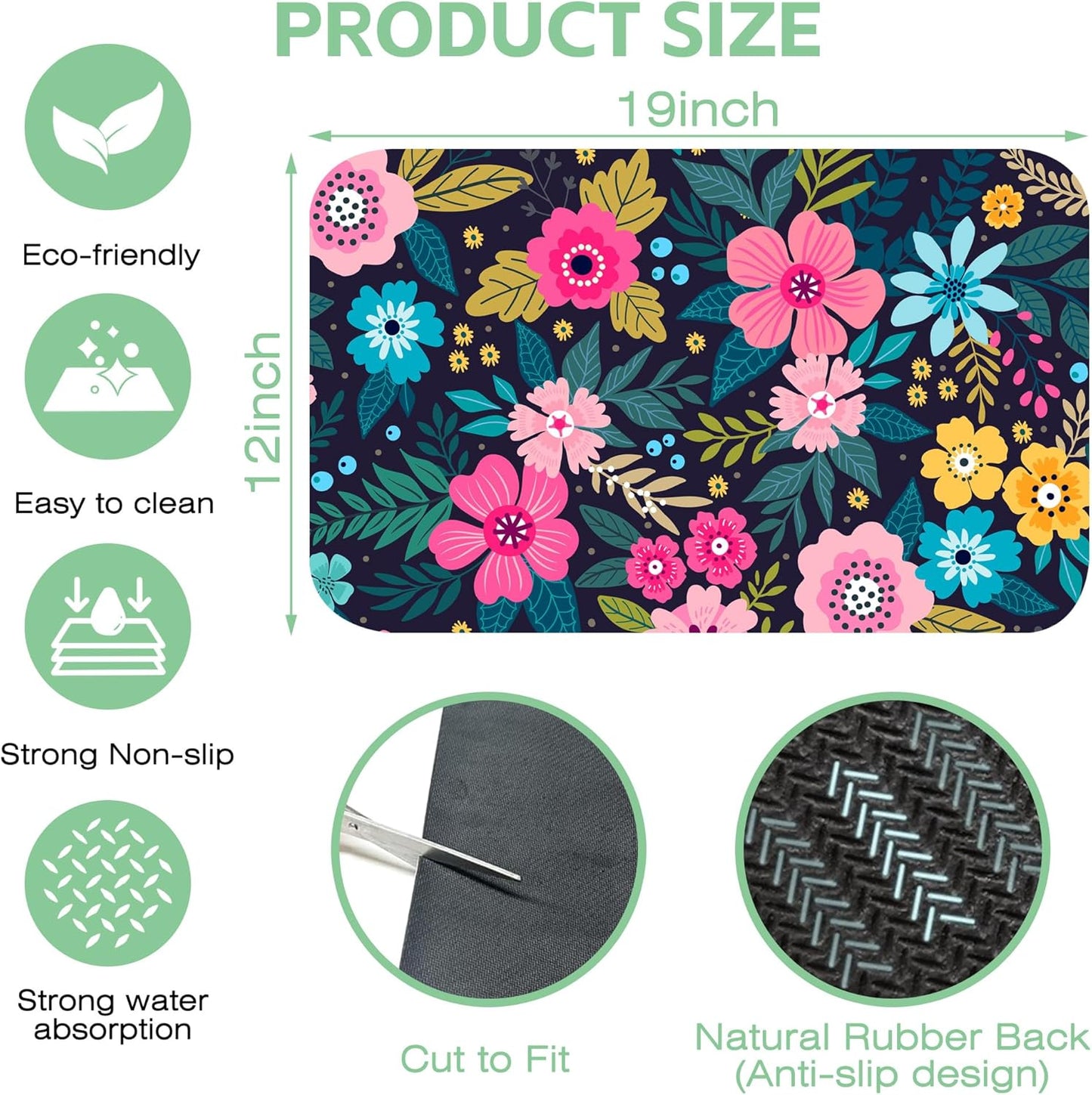 Dish Drying Mat Bright Colorful Flowers Leaves Coffee Mat,12"X19" Bsorbent Dish Drying Pad for Sink Dishes or Under Rack Kitchen Counter Accessories Absorbent Hide Backed Drying Mat