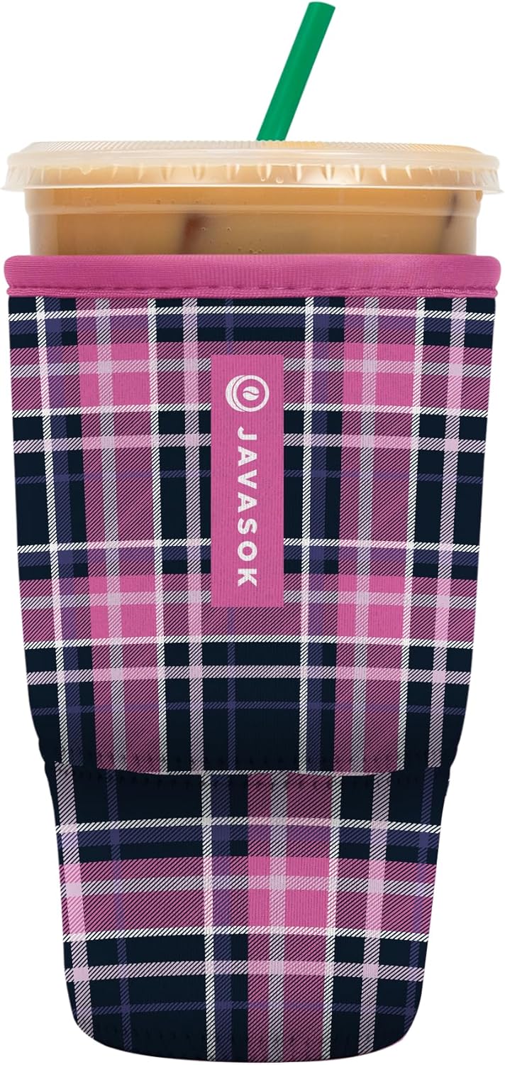Sok It JavaSok Iced Coffee & Cold Soda Insulated Neoprene Cup Sleeve (Berry Plaid, Large: 30-32oz)