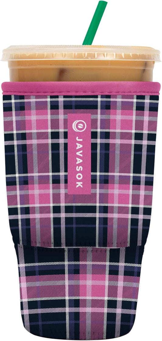 Sok It JavaSok Iced Coffee & Cold Soda Insulated Neoprene Cup Sleeve (Berry Plaid, Large: 30-32oz)