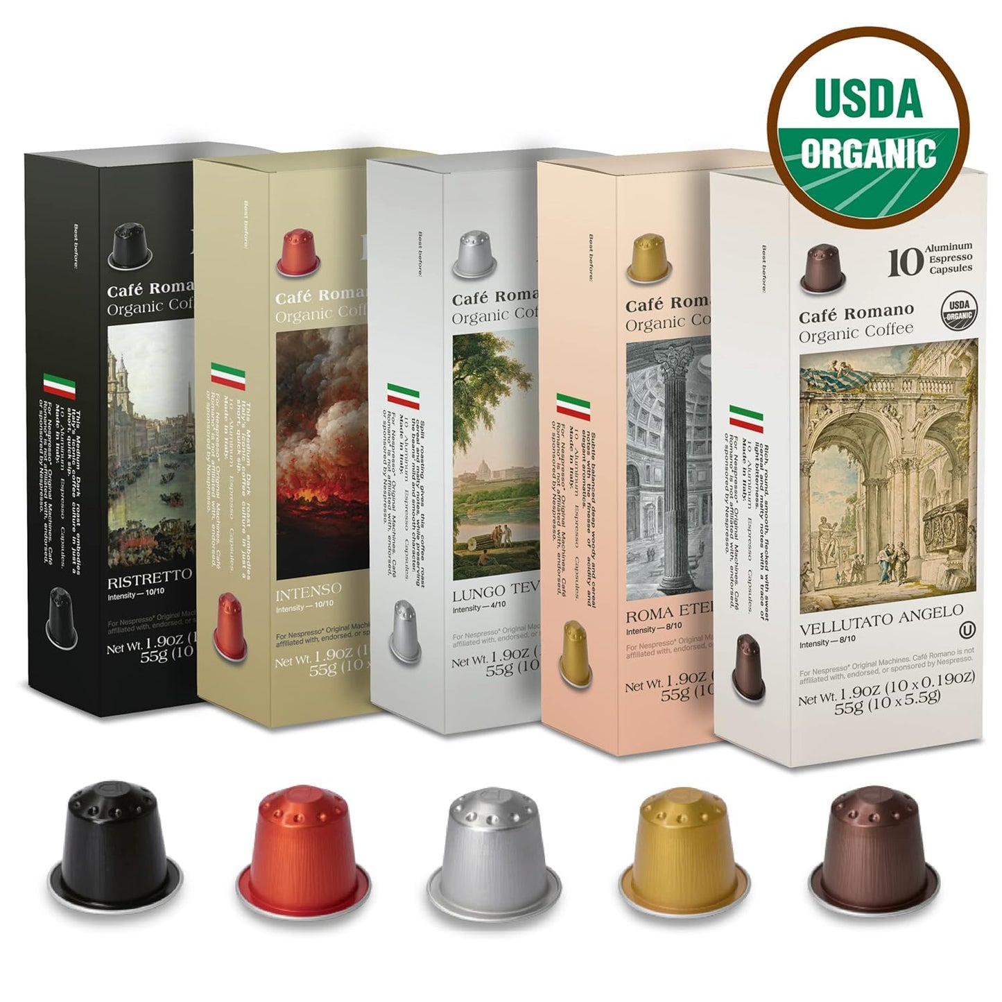 Organic USDA Café Romano Coffee Aluminum Espresso Pods For Nespresso Original Machine 100 Pack Italian Espresso Coffee (Variety pack)
