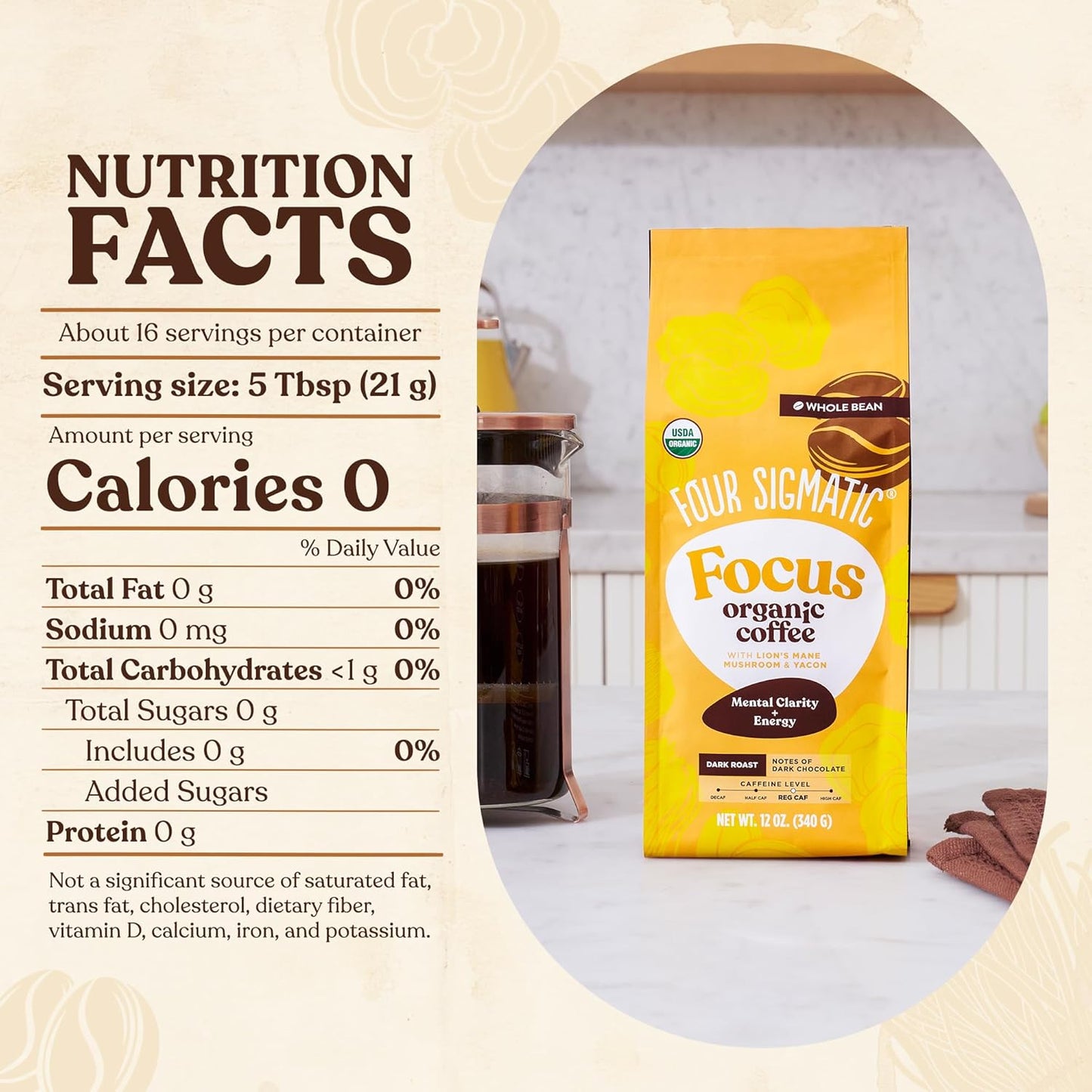 Four Sigmatic Dark Roast Organic Whole Bean Coffee | Gourmet Nootropic Mushroom Coffee Beans with Lion's Mane & Chaga Mushrooms for Enhanced Brain Function and Immune Support | 12oz