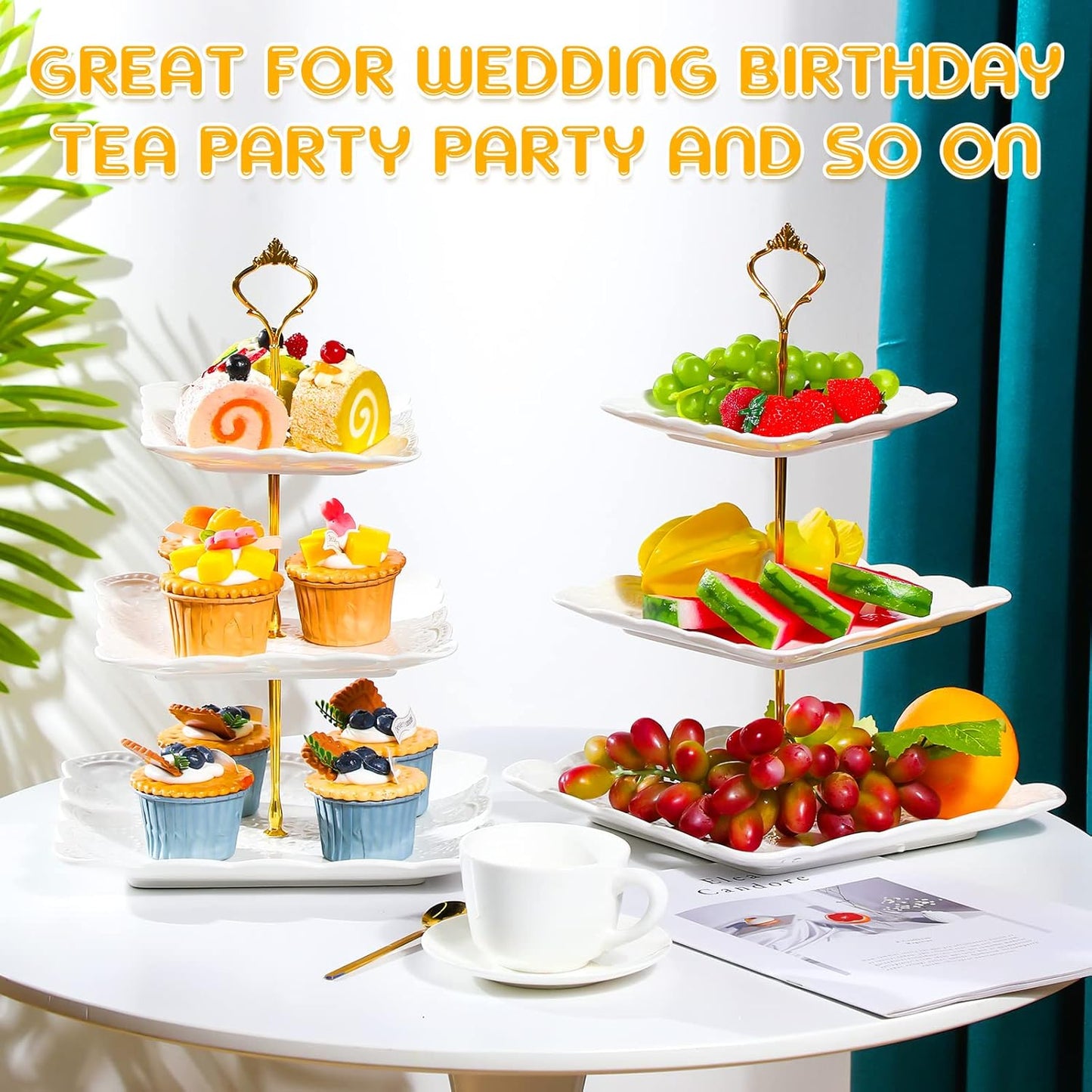 Tatuo 2 Pcs 3 Tier Porcelain Cupcake Stand, Cup Cake Holder Tower, Pastry Serving Elegant Dessert White Ceramic Tiered Stand for Wedding, Birthday, Tea Party(Lace Square Shape)