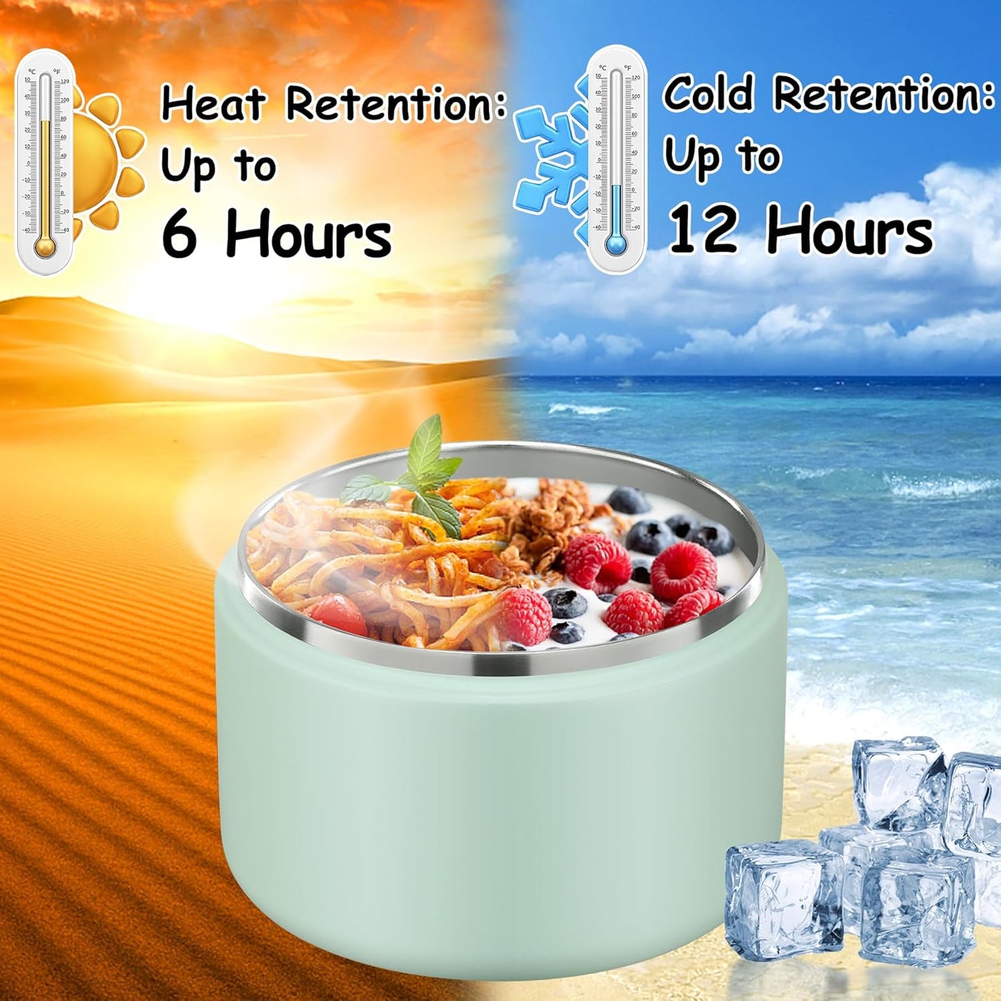 12oz Insulated Vacuum Food Jar with Buckle Lid Wide Mouth Soup Thermo for Hot Food Kids Leakproof Stainless Steel Lunch Container (Mint, 12OZ)