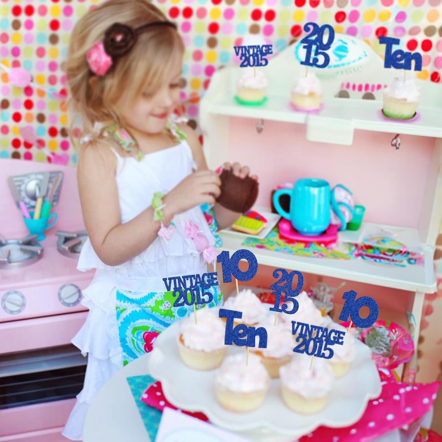 Gyufise 24Pcs 10th Birthday Cupcake Toppers Glitter Ten Vintage 2015 Double Digits 10 Cupcake Picks Birthday Cake Decorations for Happy 10th Birthday Anniversary Party Supplies Deep Blue