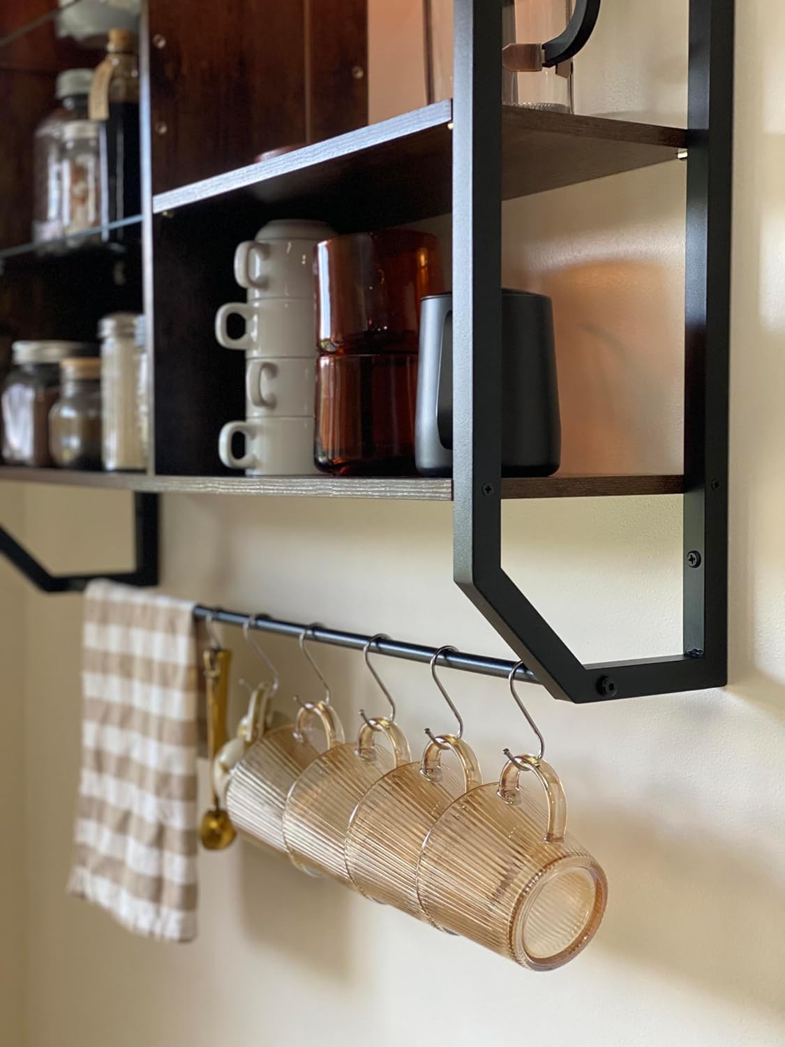 Bestier LED Kitchen Floating Shelves, 34" Industrial Pipe Shelves with Adjustable Glass Shelves, Wall Mounted Shelf with 6 S-Hook Towel Bar, Wine Coffee Bar Rack for Room Decor Rustic Brown