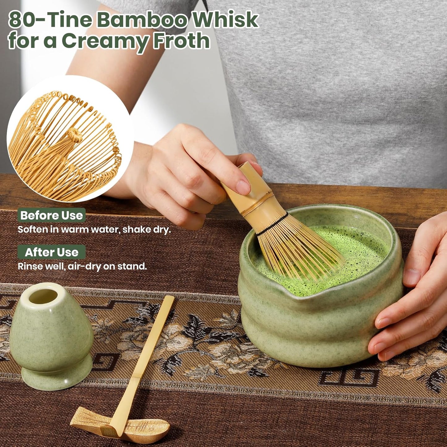 Matcha Whisk Set 7pcs, Japanese Macha Making Kit - 17oz Bowl with Spout, Bamboo Whisk, Chasen Holder, Scoop, Scoop Rest, Stainless Steel Sifter & Towel, Tea Gift Tools for Starter & Enthusiasts, Green