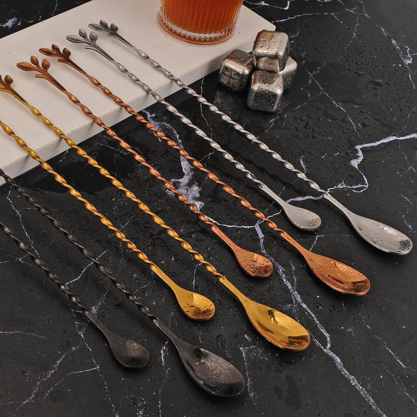 AnSaw Rose Gold 10-Inch Stainless Steel Cocktail Spoon with Leaf Handle - Perfect for Mixing & Layering Drinks in Tall Cups, Bar & Shakers - Durable Long Handle Bar Stirrer,1-Pieces