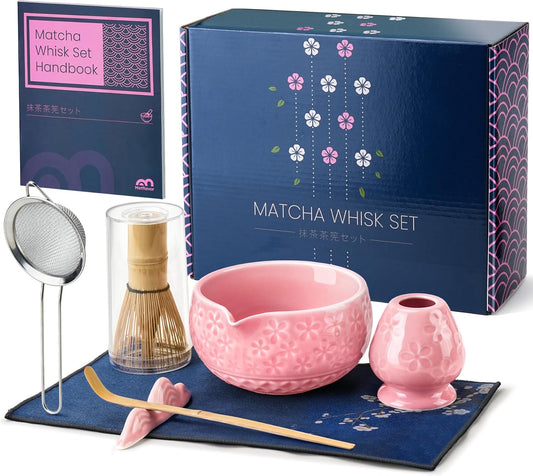 7Pcs Matcha Whisk Set, Ceramic Matcha Bowl with Spout, Bamboo Whisk and Holder, Bamboo Scoop, Scoop Rest, Sifter and Tea Towel, Matcha Kit with Cherry Blossom Carved Patterns for Matcha Lovers (Pink)