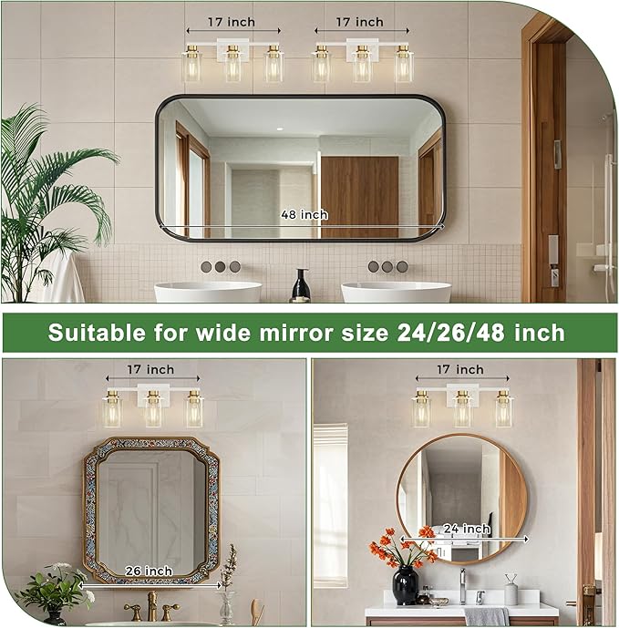 DORESshop 17 Inch Bathroom Light Fixtures, 3-Light White and Gold Bathroom - Image 2