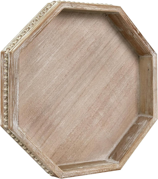 Wooden Decorative Tray, Small Serving Tray with Wood Bead, Farmhouse Big Tray for Ottoman, Countertop, Coffee Tabl, 13" x 13"x 1.6" (White Washed)