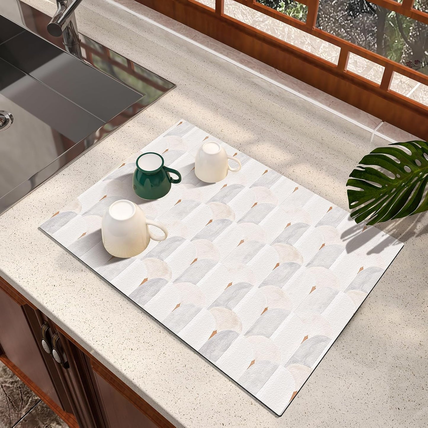 Dish Drying Mat, Diatomaceous Earth Soft Coffee Mat, Absorbent Silicone Dish Drying Mat for Kitchen Counter or Sink for Kitchen Bathroom Coffee Bar (Sector Geometry, 12 x 16 Inches)