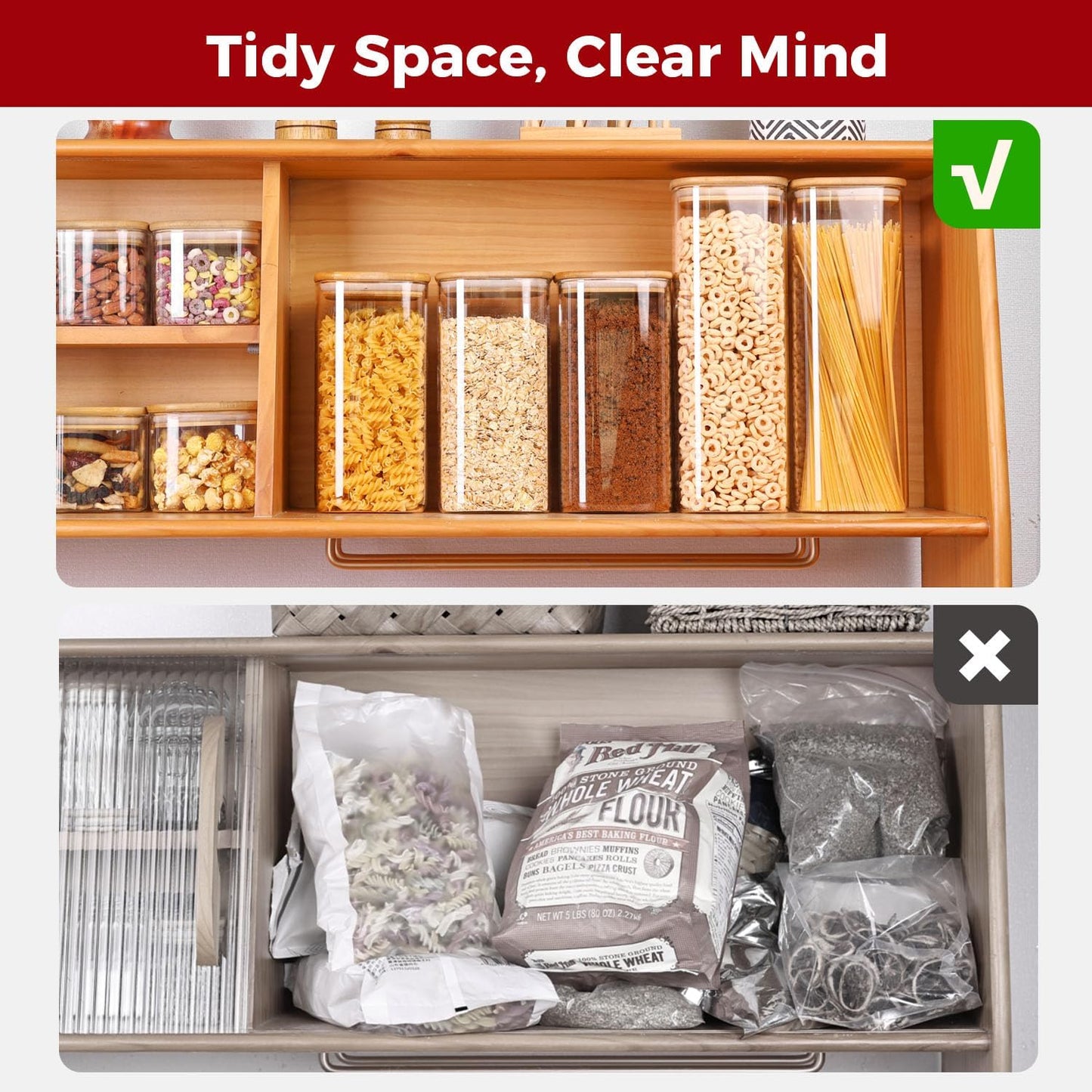 Airtight Glass Storage Canister with Lids, Kitchen Pantry Storage Jar with Labels, Food Storage Container for Sugar Tea Coffee Beans Snacks (2 pack 1.6qt)