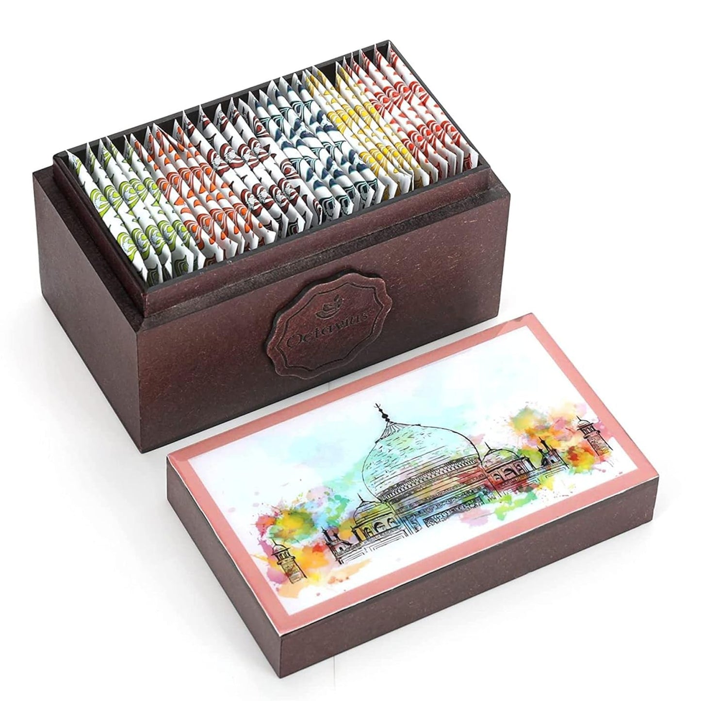 Octavius Assorted Tea Gift Set | 6 Assorted Black & Green Teas | 30 Teabags | Wooden Tea Sampler Pack w/Taj Print Design | Pack of 1