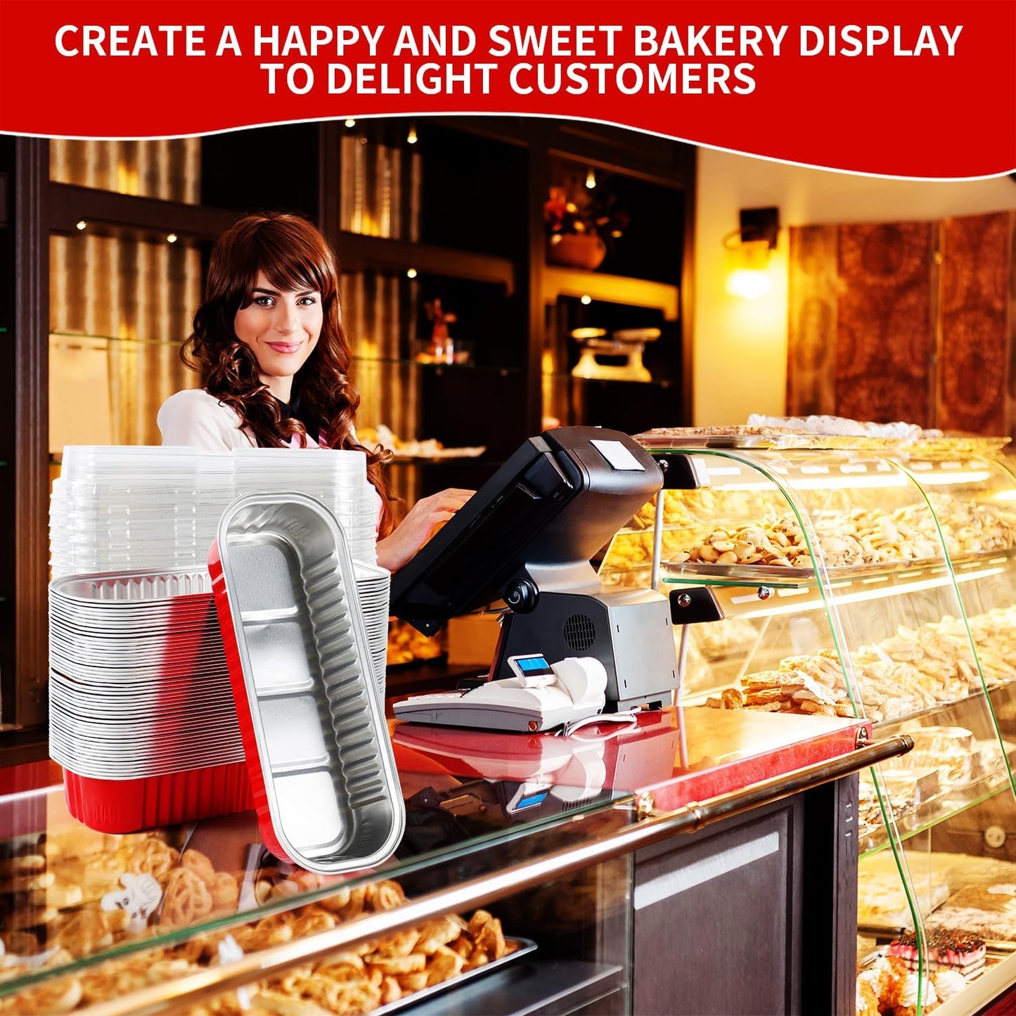 Mini Loaf Pans with Lids and Spoons Sealing Sticker,60 Pcs 6.8oz Cake Pans for Baking Disposable Aluminum Foil Red cake pan (60 PCS RED)