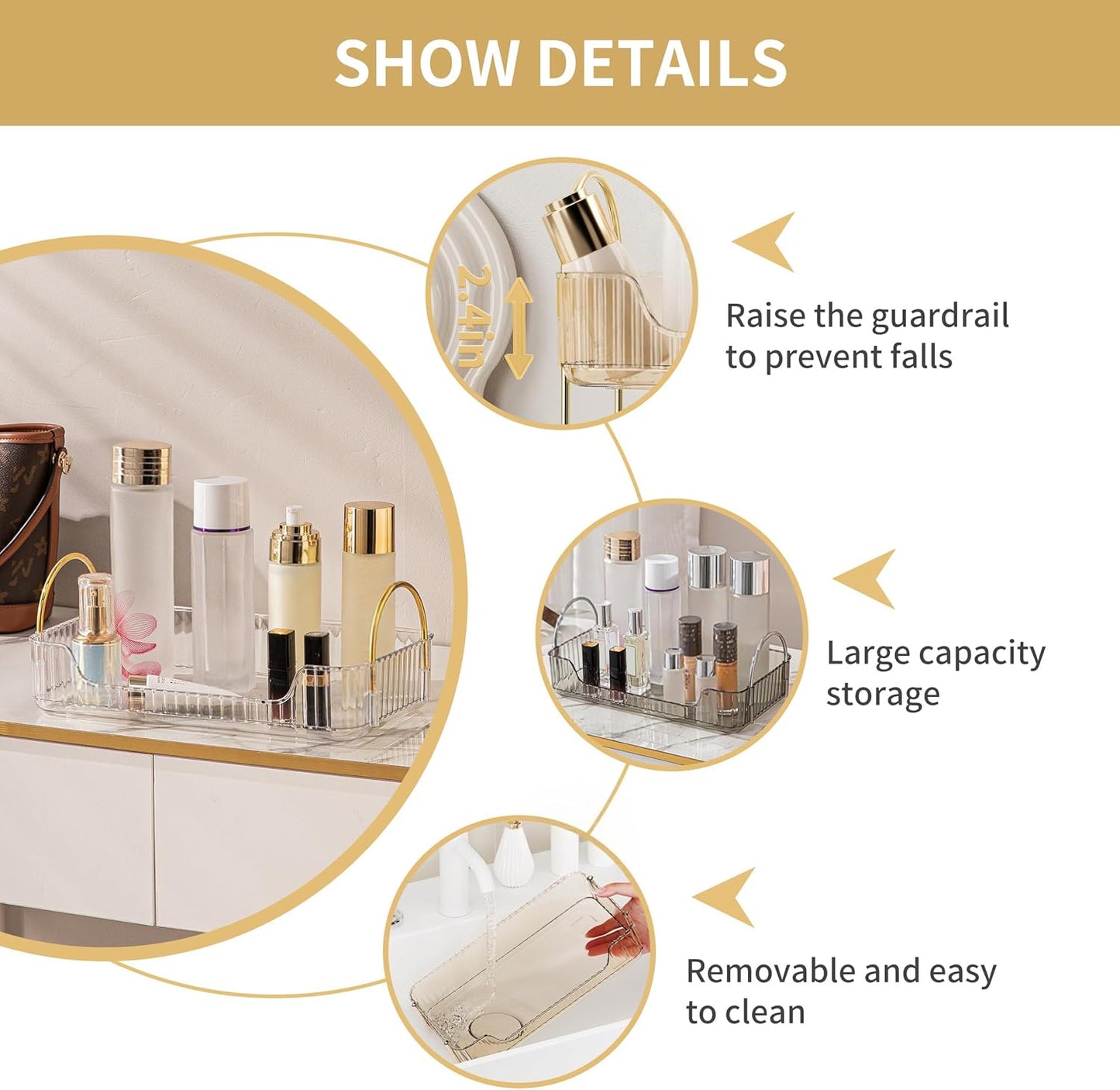 YCIA&DONE Bathroom Organizer Countertop, Makeup Storage, Skincare Cosmetic Tray Shelf, Perfume Holder Rack for Vanity Counter, Large Capacity, Easy to Install, Clean, 1 Tier, Clear White