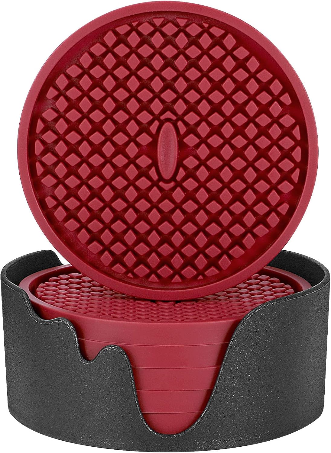ME.FAN Silicone Coasters [6 Pack] Thickened Drink Coasters with Holder - Cup Mat - Non-Slip, Non-stick, Stay Put, Deep Tray - Prevents Furniture and Tabletop Damages(Wine Red)