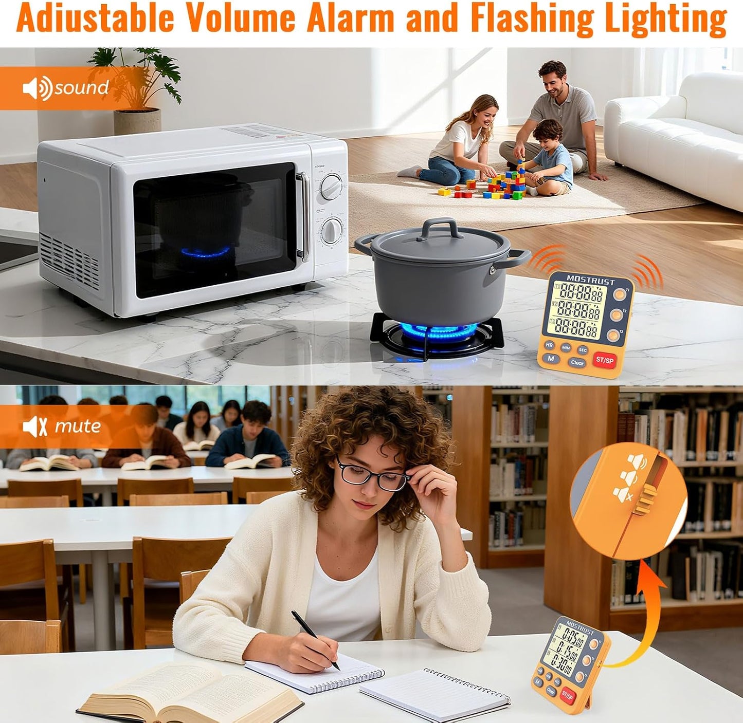 Digital Dual Kitchen Timer, 3 Channels Countdown Triple Timer for Cooking, Magnetic Memory-Preset Large Display Adjustable Alarm Volume, Multi Times Management, 3A Battery Included, Orange