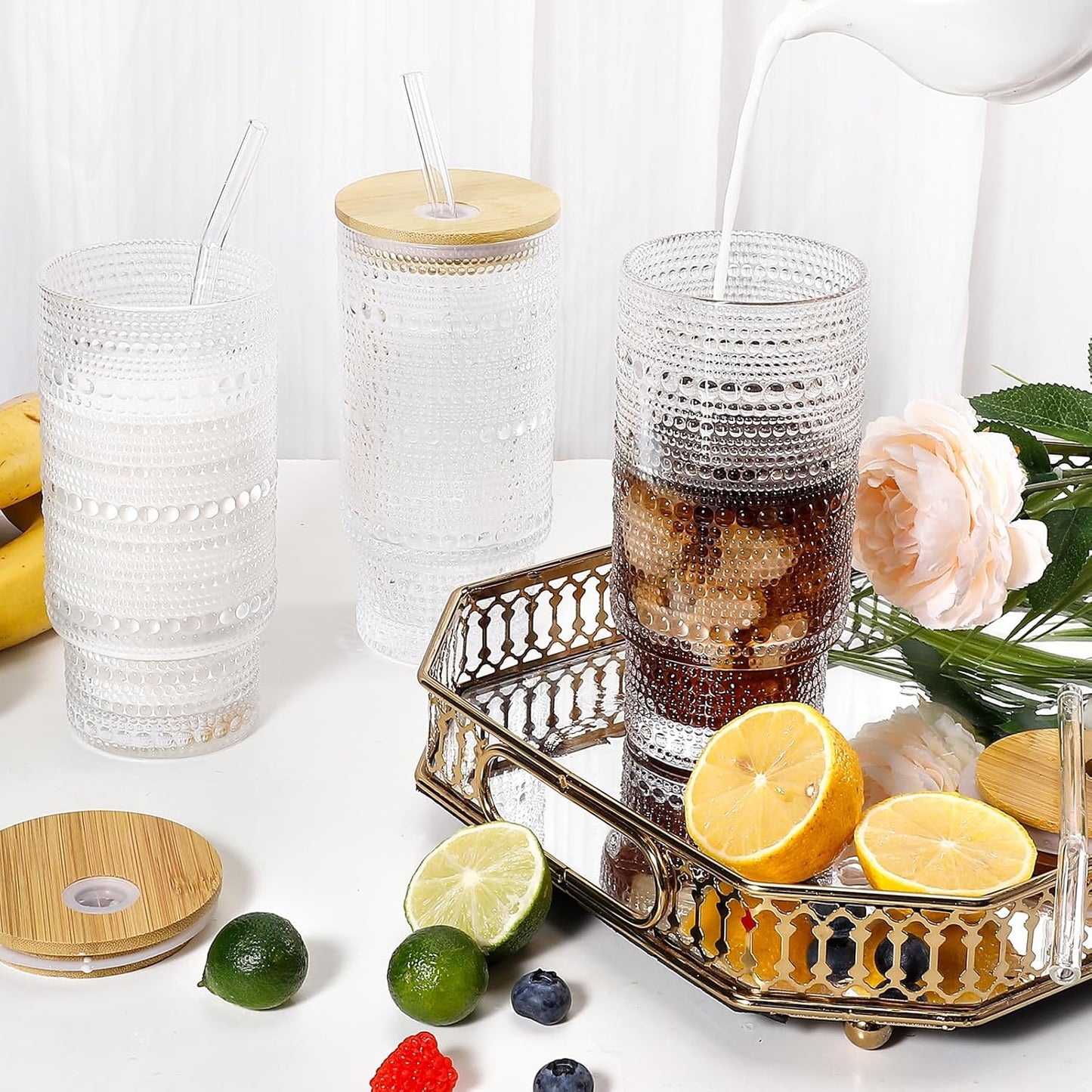 16 Oz Glass Cups with Lids and Straws, Vintage Embossed Glassware for Whiskey Cocktail Beer, Iced Coffee Cup with Lid, Glass Tumbler (4 PACK)