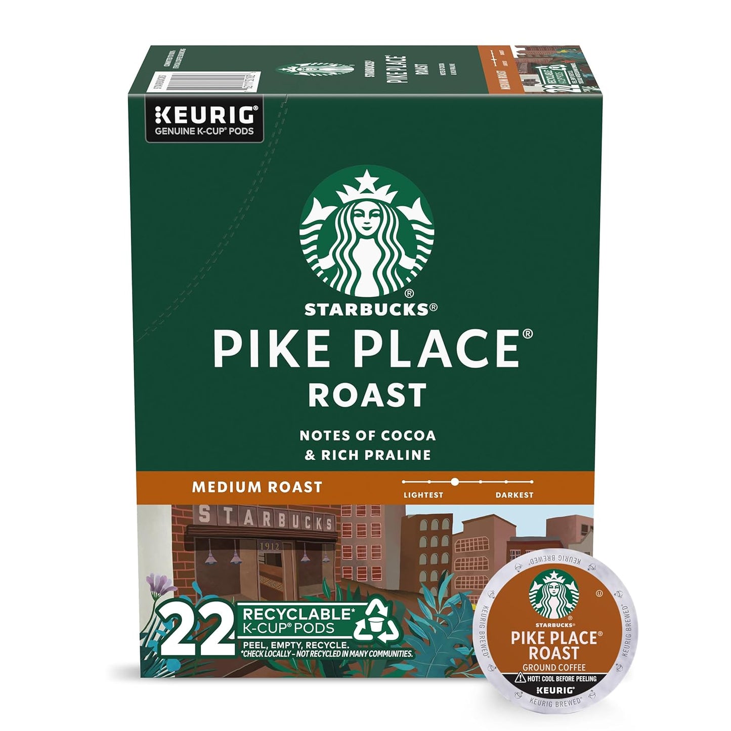 Starbucks K-Cup Coffee Pods, Medium Roast Coffee, Pike Place Roast For Keurig Brewers, 100% Arabica, 1 Box (22 Pods)