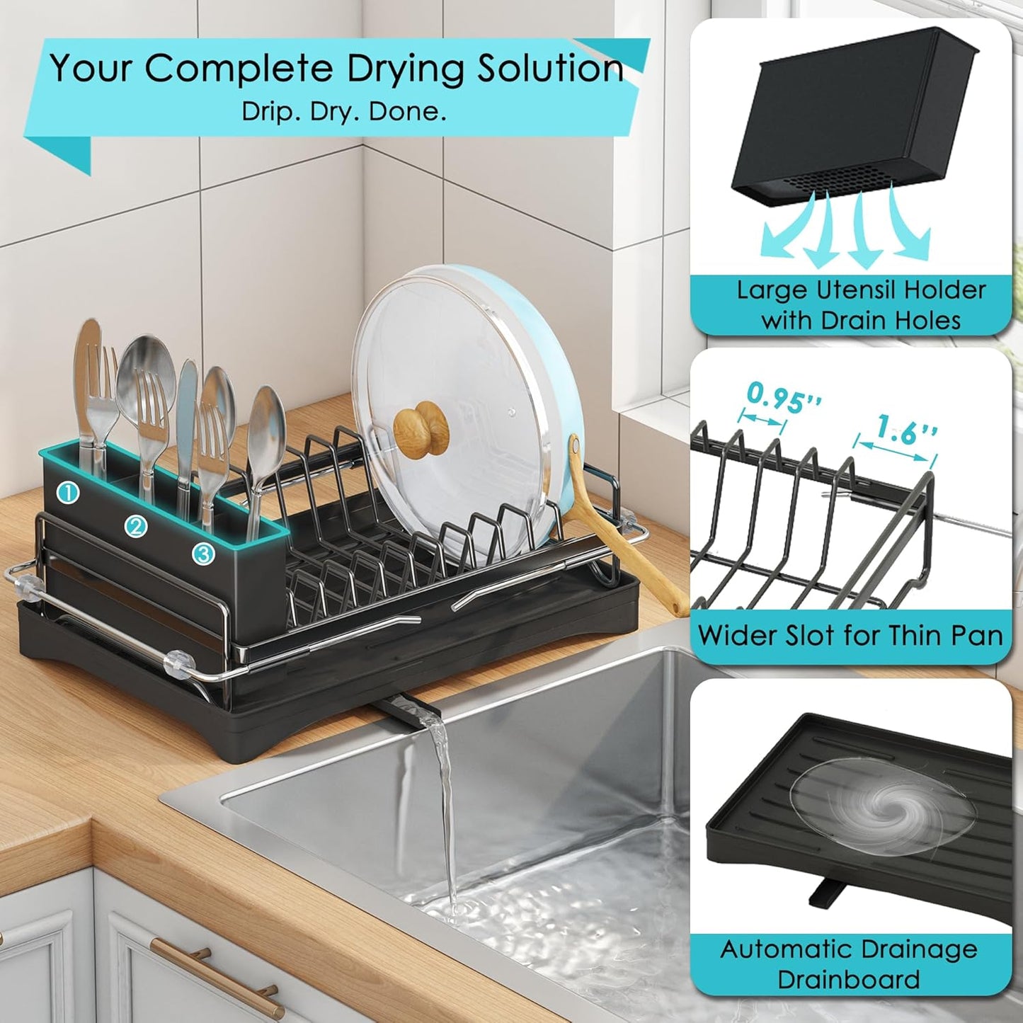 ANTOPY Dish Drying Rack in Sink, Expandable Rustproof Dish Rack for Kitchen Counter, Over The Sink Dish Drainer with Utensil Holder, Cup Rack, Drainboard, Space Saving Dish Dryer Rack for Inside Sink