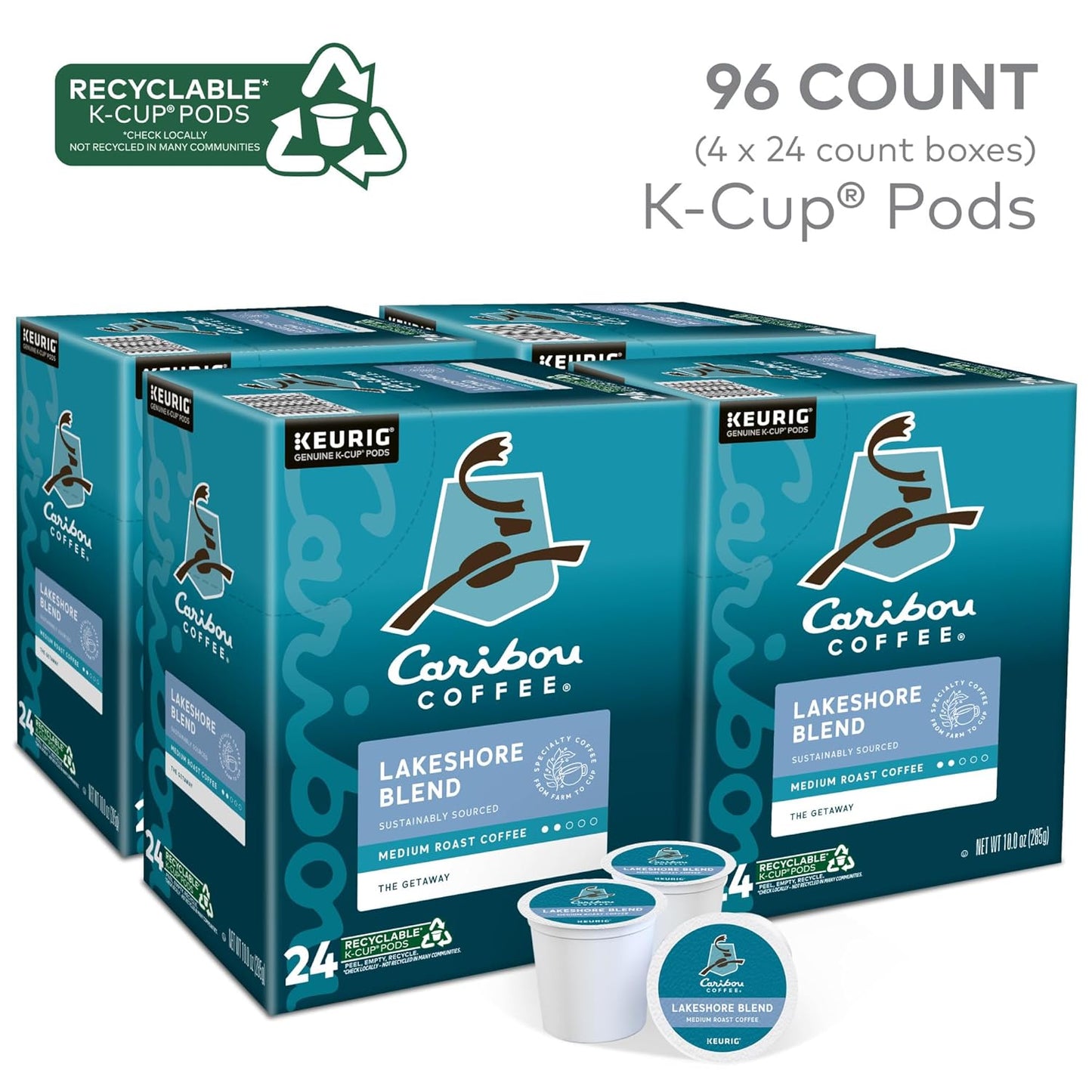 Caribou Coffee Lakeshore Blend Keurig Single-Serve K-Cup Pods, Medium Roast, 24 Count (Pack of 4)