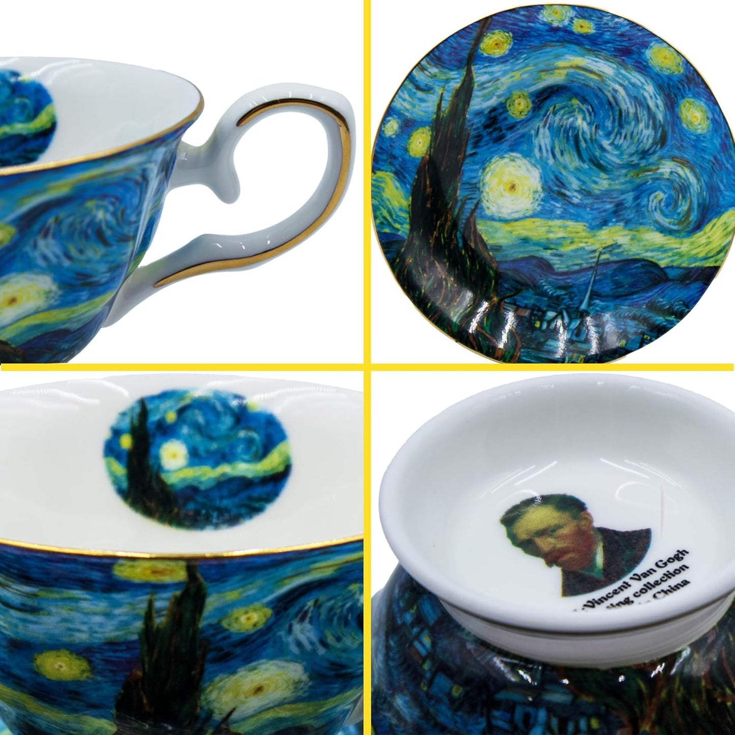Floral Tea Cups Saucers Set of 2, Bone China 7 oz British Teacups Porcelain Van Gogh Coffee Cup for Rose Tea Cappuccino Espresso Latte (Starry Sky & Starry Sky)