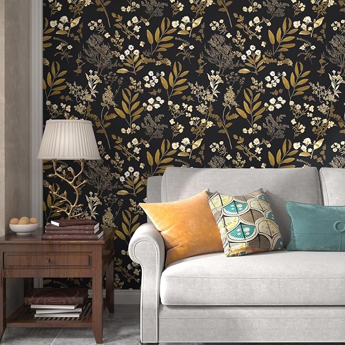 Laatse Black Gold Wallpaper Peel and Stick Dark Floral Wallpaper 17.5in x 118in - Image 6