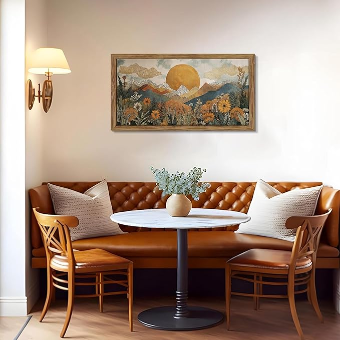 Framed Boho Landscape Large Wall Art, Abstract Sun Mountain Canvas Wall Decor - Image 8