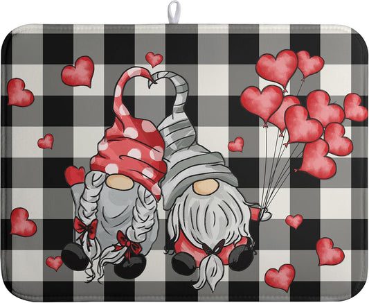 Valentine Gnome Hearts Dish Drying Mat Valentines Gnomes Dishes Dryer Mats for Kitchen Countertop 18x24 Inches Under Coffee Maker Drainer Matt Microfiber Large