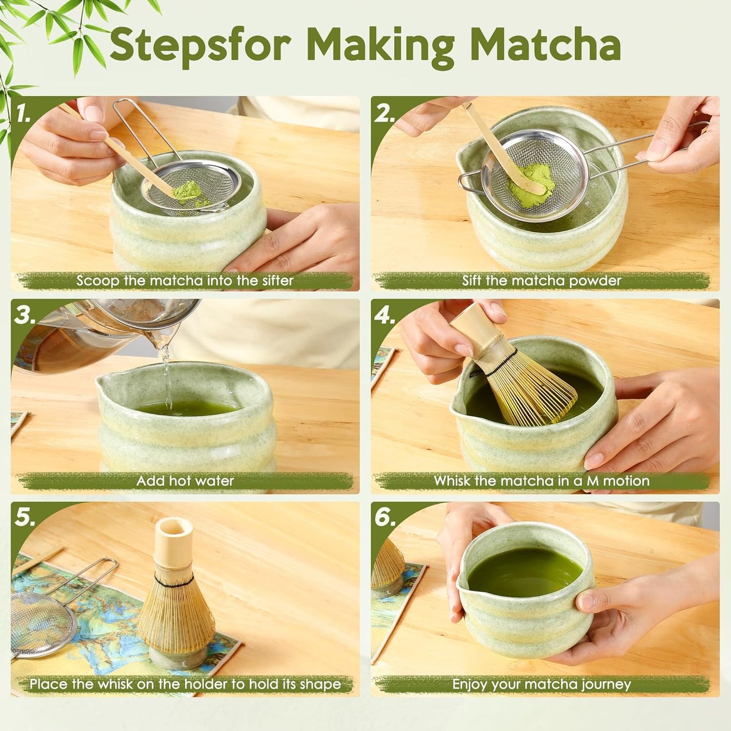 Matcha Whisk Set, 7 PCS Matcha Kit for Tea Ceremony, Matcha Whisk and Holder, Ceramic Matcha Bowl with Spout, Bamboo Scoop, Scoop Holder, Stainless Matcha Sifter and Tea Towel