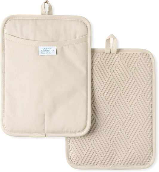 TOWN & COUNTRY BASICS Basketweave Soft Silicone Pot Holder 2-Pack Set, Heat Resistant up to 500F, Flexible Silicone, Non-Slip Grip, Beige, 7.5"x10"