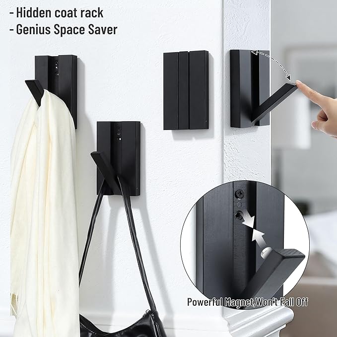 Folding Wall Hooks 2Pack: Black Modern Wooden Coat Hooks Mount - Image 3