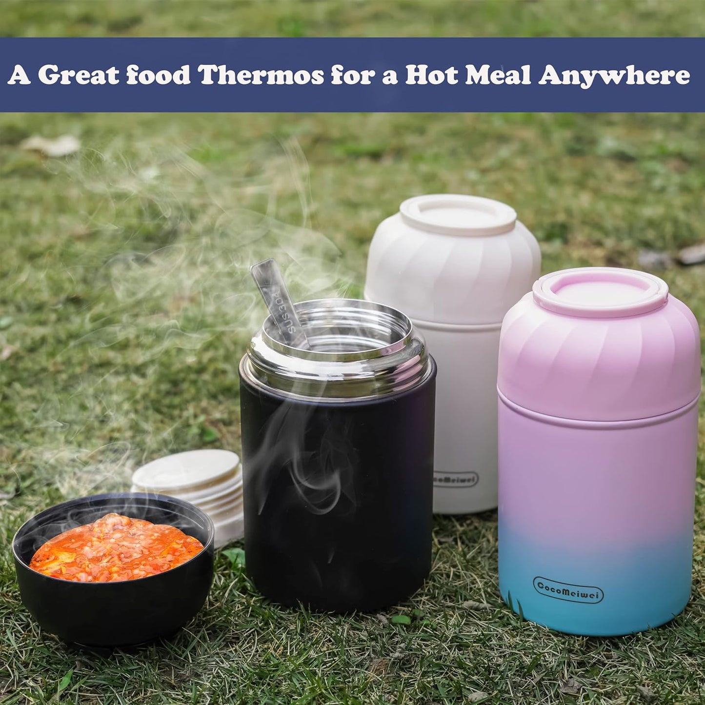 Soup Thermo for Hot Food & Drinks, Thermo Lunch Box for Kids, 17oz Vacuum Insulated Food Container with Spoon&&Drawstring Bag, Soup Therm for Adults, Pink&Green