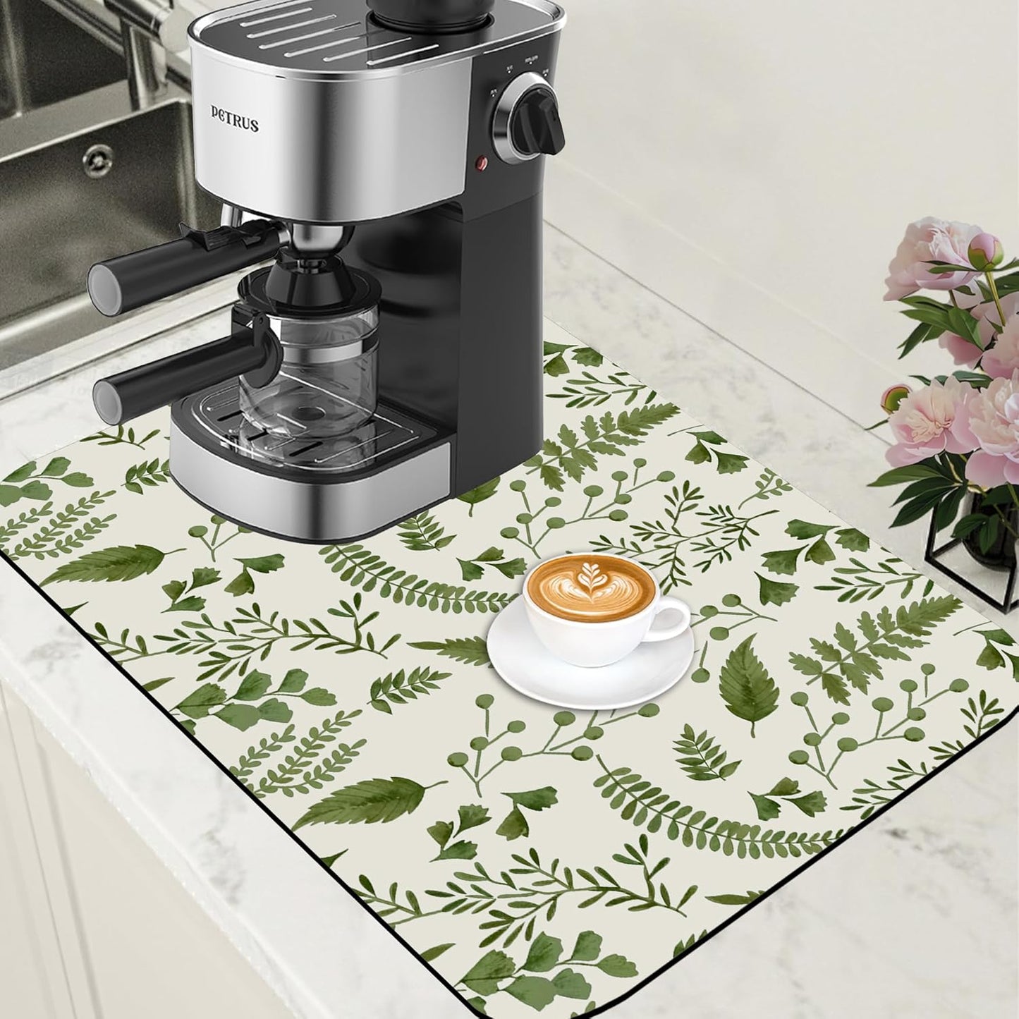 Green Leaf Coffee Mat Herb Dish Drying Mat for Kitchen Counter Hide Stain Rubber Backed Absorbent Coffee Bar Accessories Fit Under Espresso Machine, 15.7 x 23.6 Inch