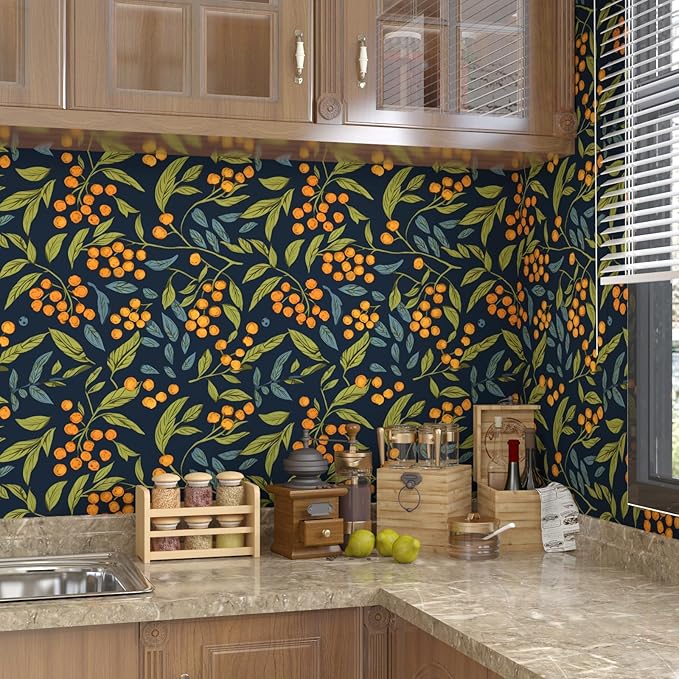 BOKEBEVE Blue Orange Green Wallpaper Peel and Stick Boho Leaves Floral Contact - Image 2