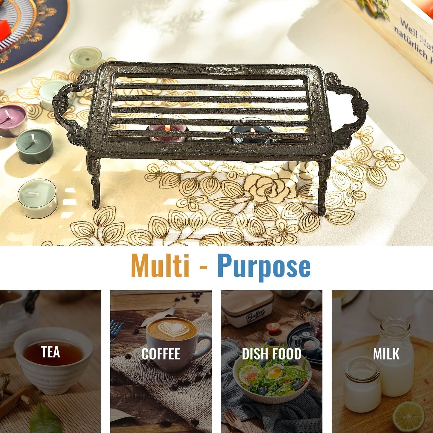 Sungmor Heavy Duty Cast Iron Teapot Dish Warmer Stable Holder for Tealight Stand | Tealight Warmer Decorative Stove for Villa Yard Balcony-Rectangle