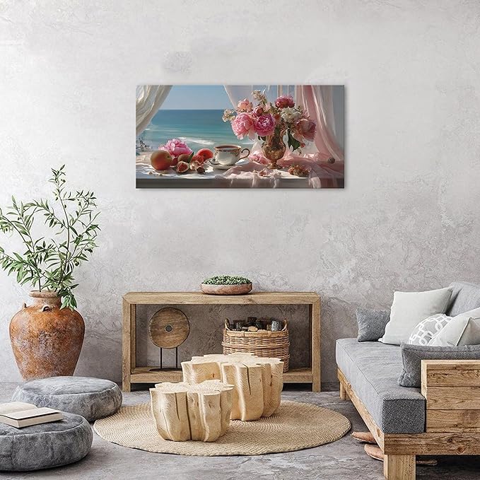 Vintage Pink Flower Wall Art Retro Flowers in Golden Vase Pictures Blue Ocean - Image 5
