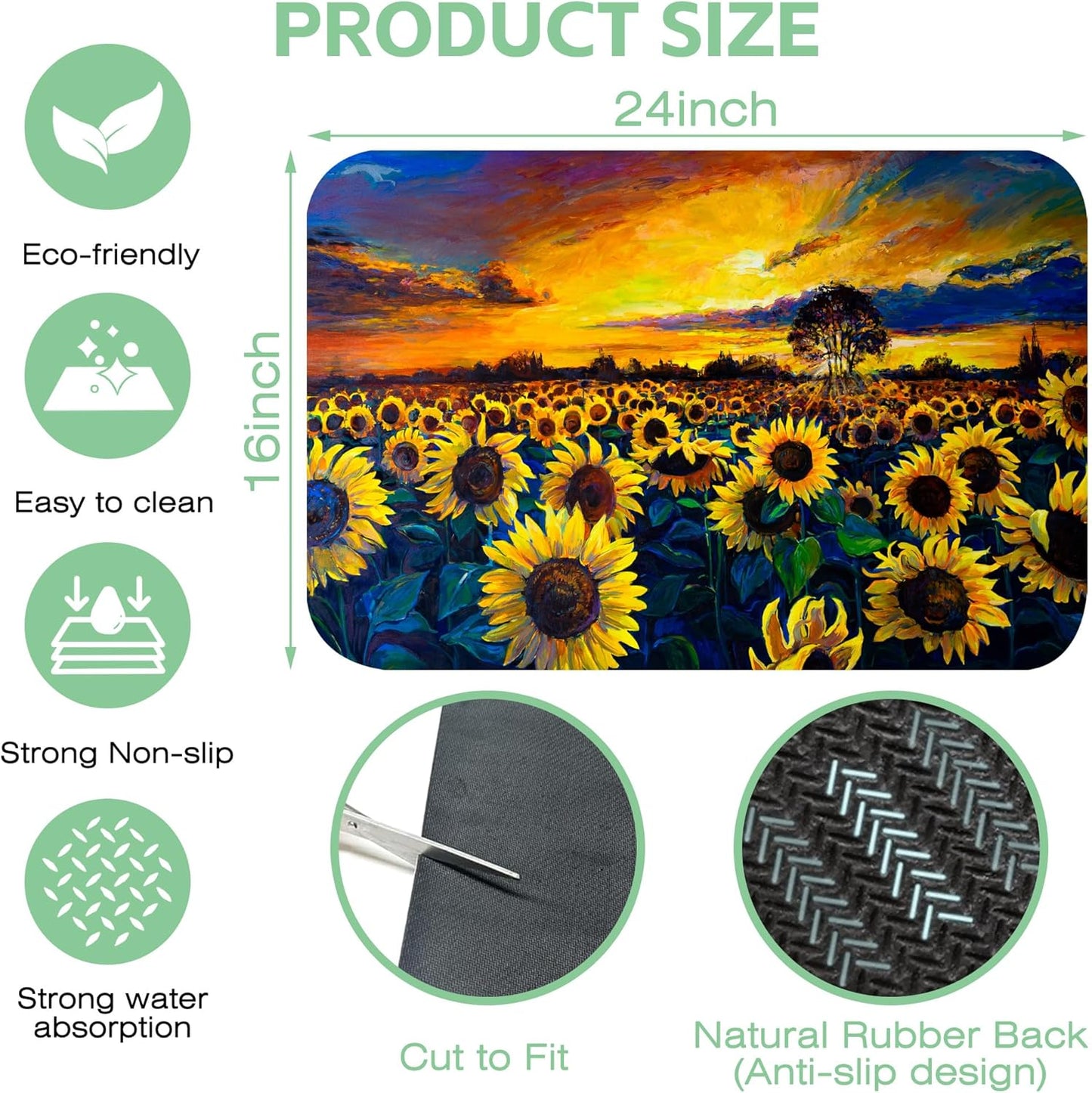 Sunflower Field Dish Drying Mat,16"X24" Absorbent Fast Dish Drying Mat for Kitchen Counter Pot and Pan, Kitchen Accessories