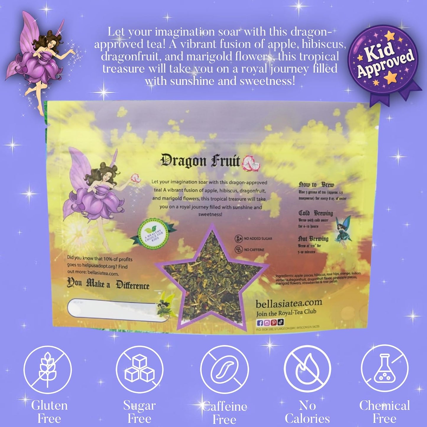 Bellasia Tea Dragon Fruit for Kids Using Real Fruit Pieces - Caffeine Free Herbal Tea Blend with Real Ingredients & Balanced Flavor- Add Loose Leaf Tea to Your Child’s Routine for A Fun & Tasty Drink. 20-25 Cups