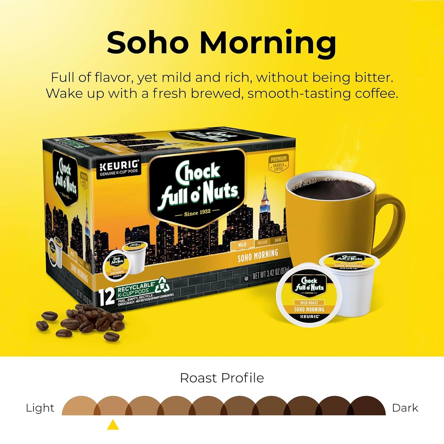 Chock full o’Nuts Soho Morning Keurig K-Cup Pods for Keurig Brewers – Premium Arabica, Mild Roast – Single Serve – 1 Pack of 12 K-Cup Pods