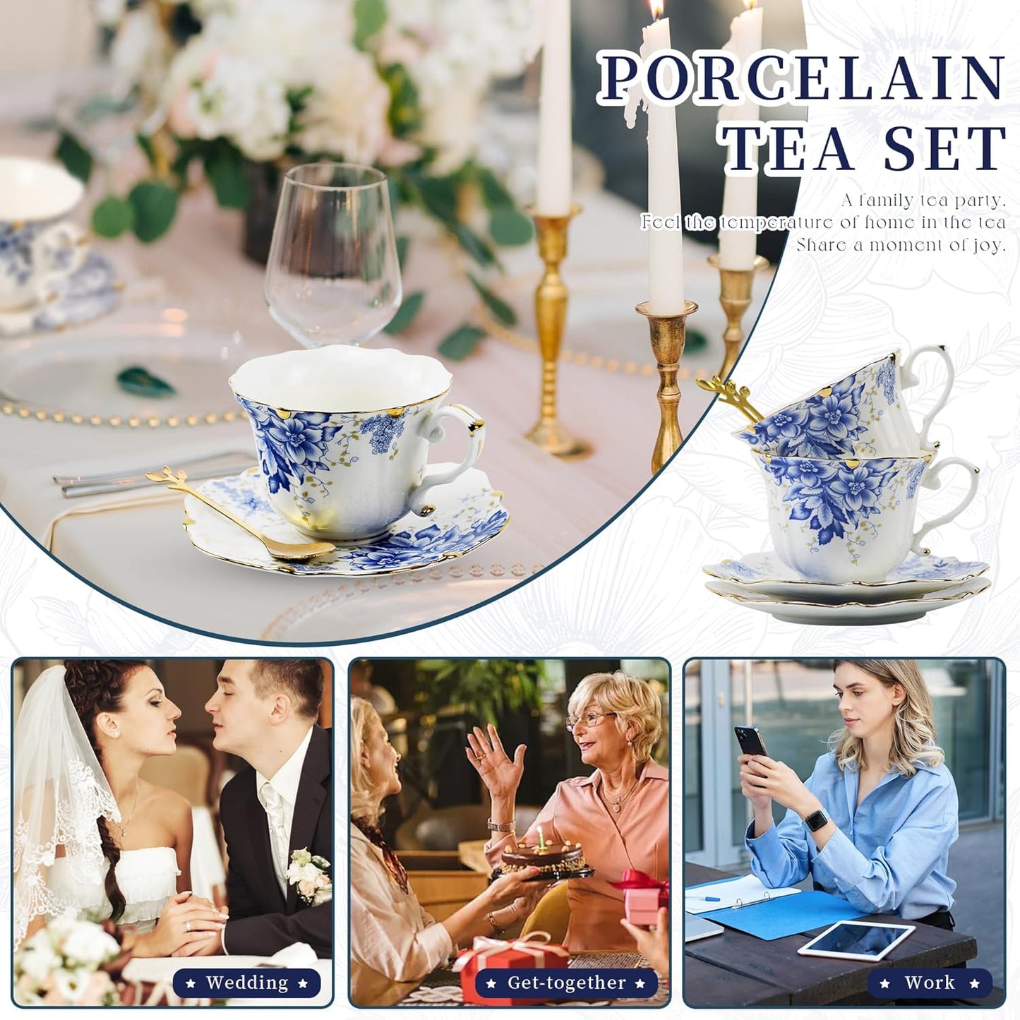 TATSUMI Country Roses Bone China Tea Cup and Saucer Set, 6 Pieces, Vintage Style, For Women and Tea Parties(Rose Blue,2 Sets)