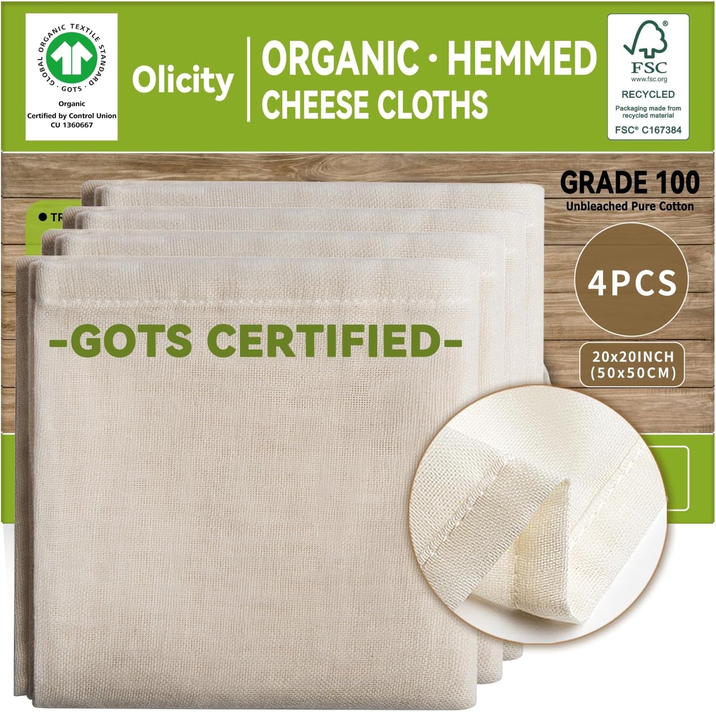 Organic Cheese Cloths, GOTS Certified, 4PCS, Grade 100,20x20Inch Hemmed Cheese Cloth Fabric Reusable Fine Mesh Cloth, 100% Cotton Unbleached Muslin Cheesecloth for Straining, Cooking, Butter,Tea,Tofu