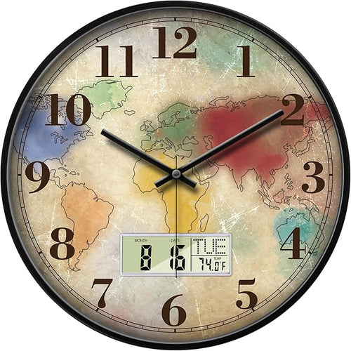 12" Silent Non-Ticking Vintage Distressed World Map Wall Clock, Battery by SCOAGE