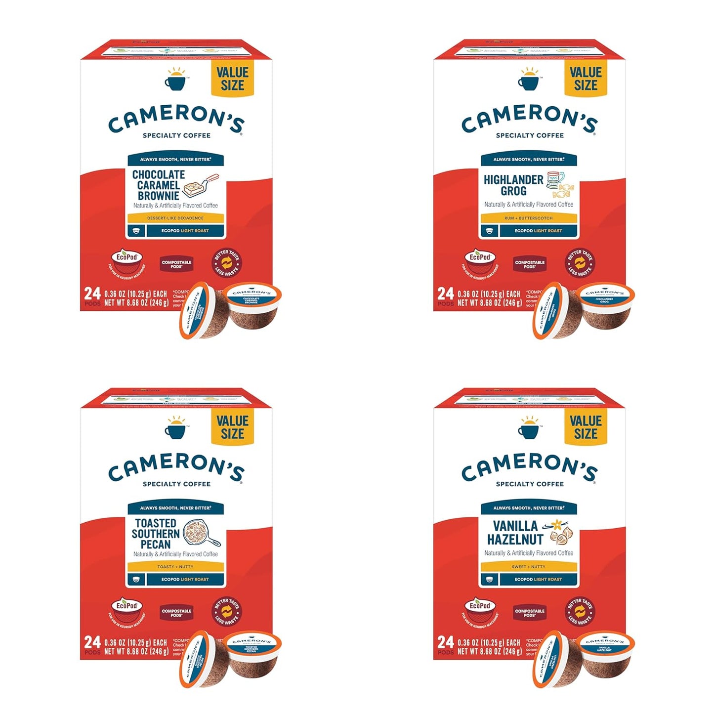 Cameron's Coffee Single Serve Pods, Vanilla Hazelnut, Highlander Grog, Chocolate Caramel Brownie, Toasted Southern Pecan, Variety Pack, 96 Count…