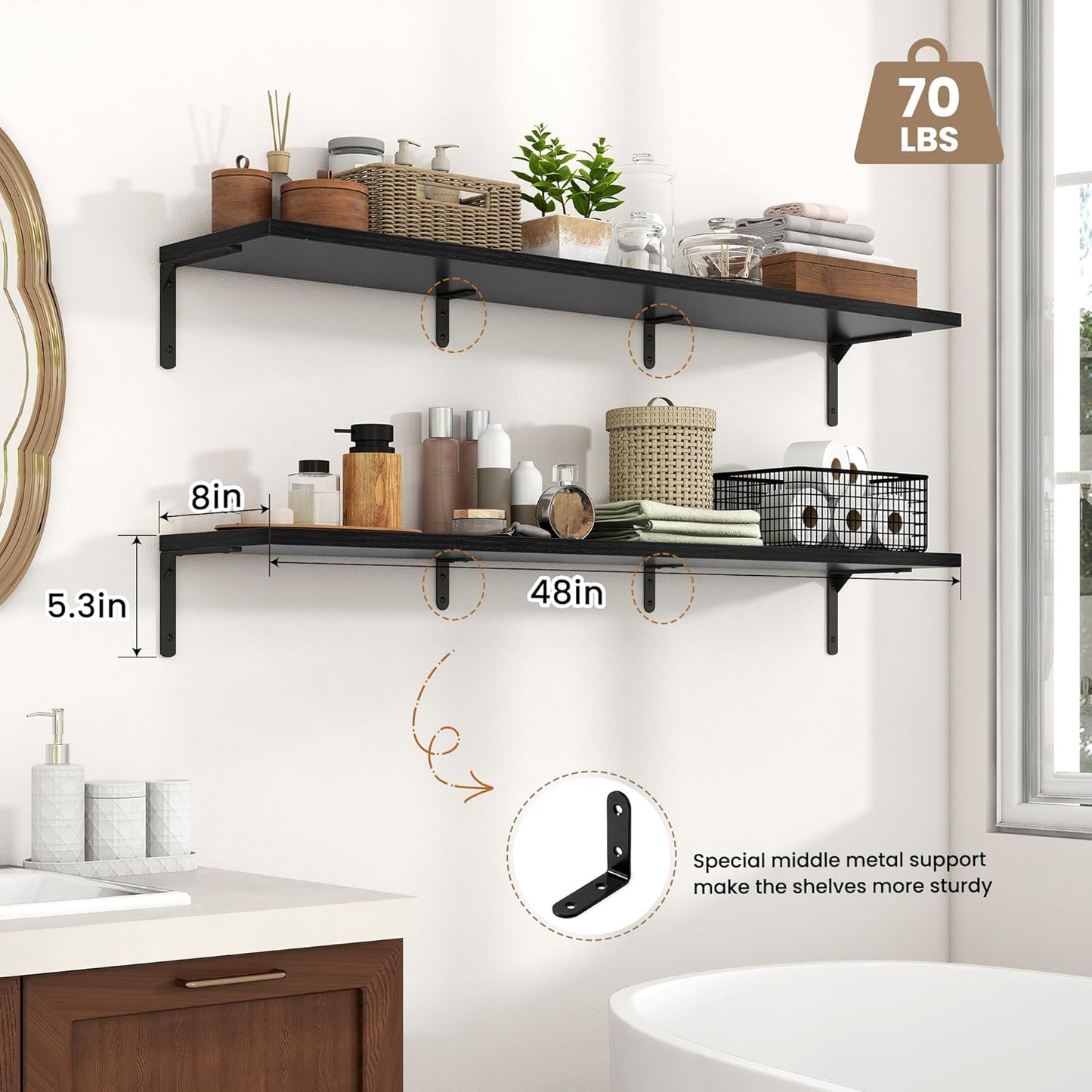 Fun Memories Deep Floating Shelves, 48W x 8D Floating Shelves Set of 2, Wall Mounted Shelf with Metal Brackets, Rustic Wood Wall Shelf for Bathroom, Kitchen and Living Room, Black