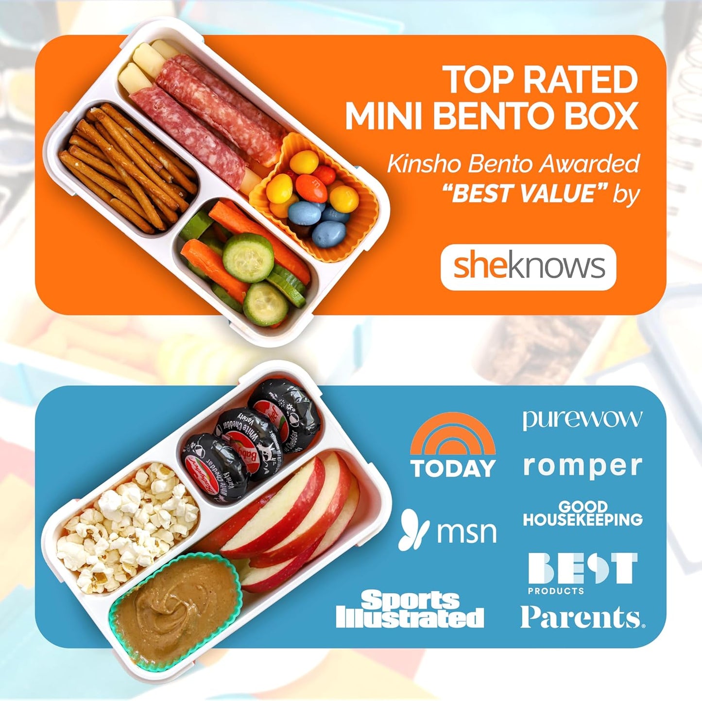 MINI Lunch-Box Snack Containers for Kids | SMALL Bento-Box Portion Container | Leak-proof Boxes for School Work Travel | Best for Adults Boys or Girls | Blue + Orange Set of 2