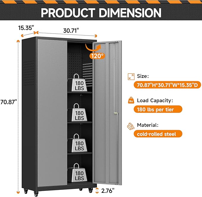 Garage Storage Cabinet with Wheels, Metal Storage Cabinet with 2 Doors and - Image 3
