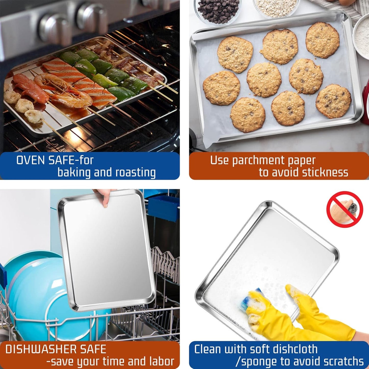 P&P CHEF 12.5 Inch Baking Cookie Sheet, Oven Pan Tray Stainless Steel Sheet Pan for Kitchen, Oven Bakeware for Multi Uses, Shiny Look & Dishwasher Safe, Healthy & Heavy Duty, 2Pcs