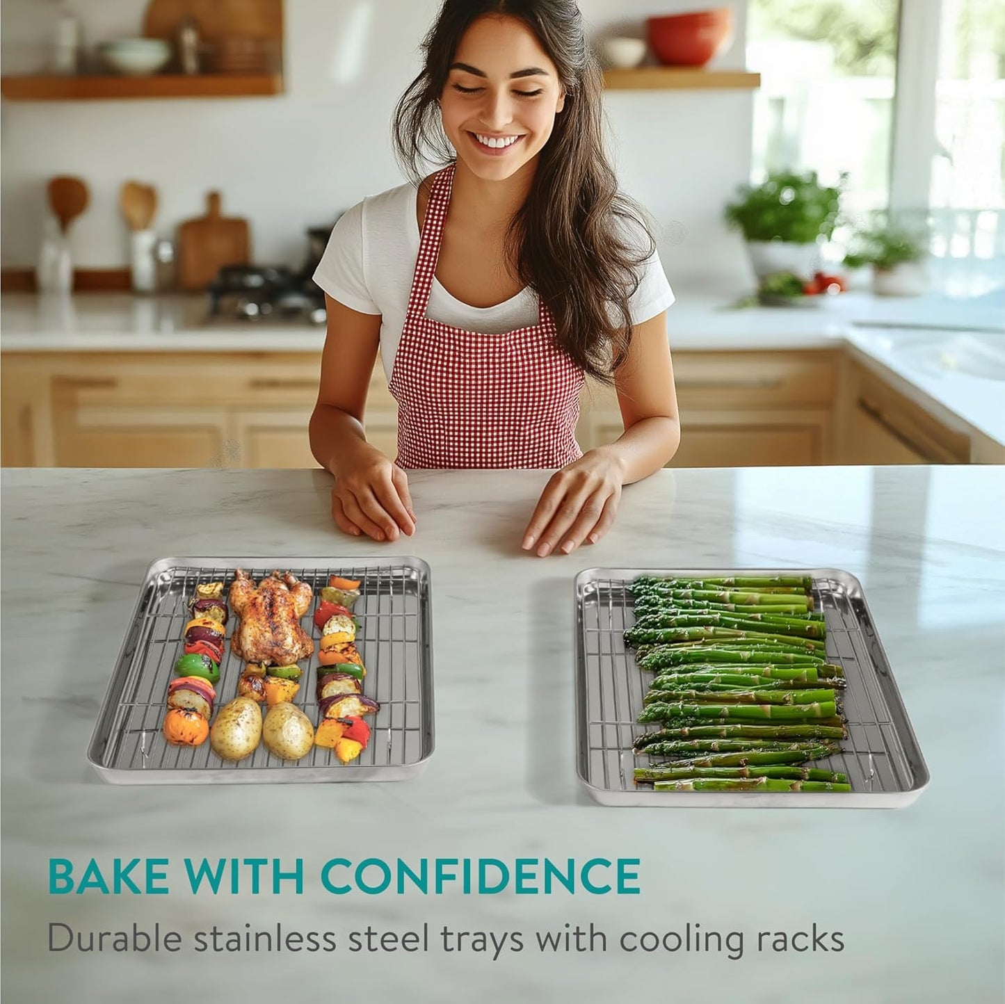 Navaris Half Sheet Baking Pan Breading Trays w Racks - Stainless Steel Baking Sheet with Wire Rack Insert for Oven Cooking - Cookie Bacon Tray - Set of 4 15.7x11.8 (40x30cm)