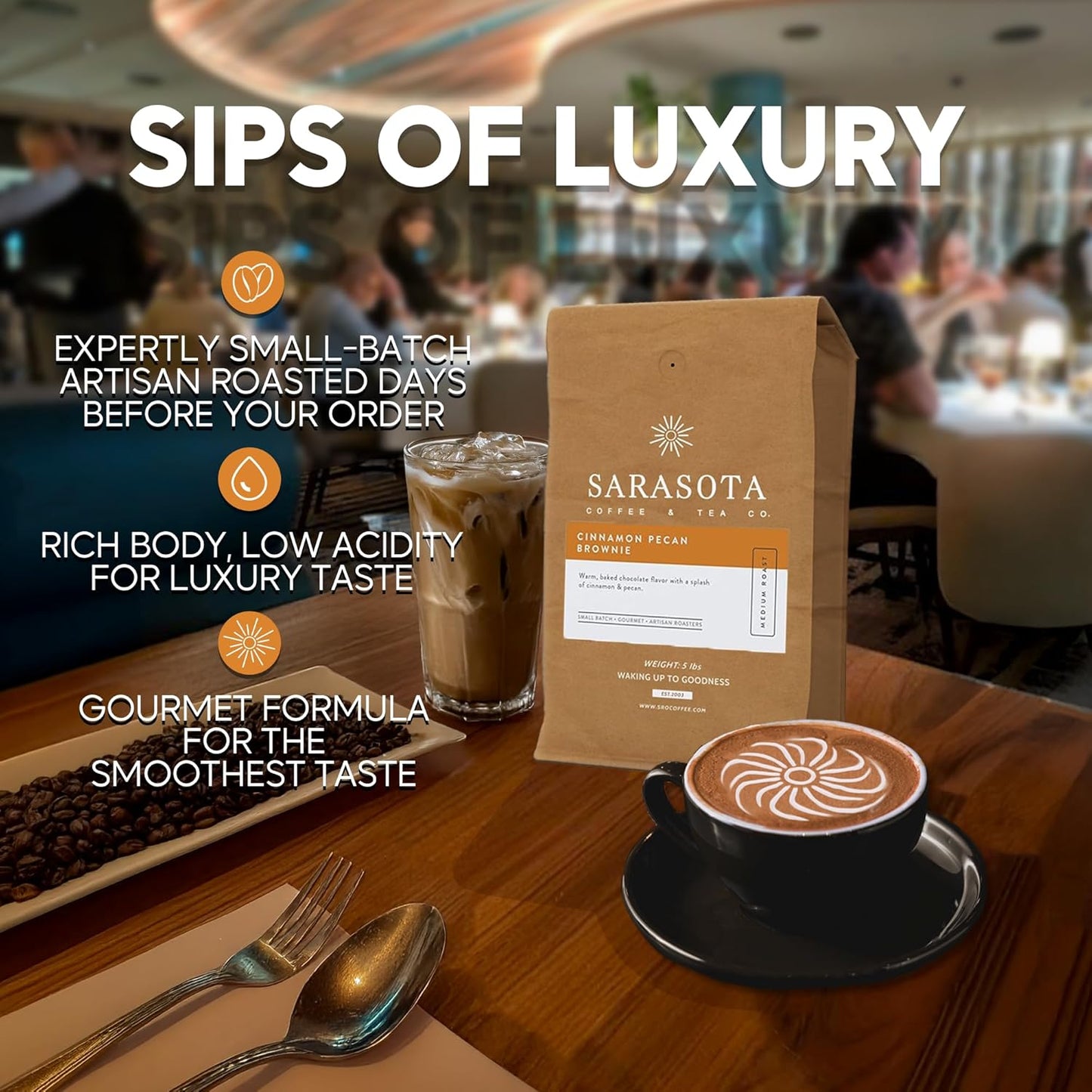 Sarasota Coffee Whole Bean Cinnamon Pecan Brownie | Medium Roast Gourmet Flavored Coffee Beans | Low Acid, Mold Free, Specialty Grade Bulk Beans | 5lb (80 oz)